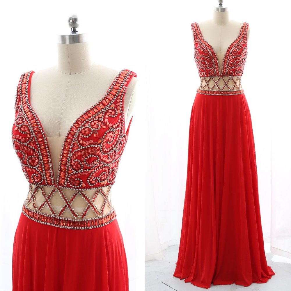 Straps V Neck Crystals Red Prom Dress Formal Evening Gown